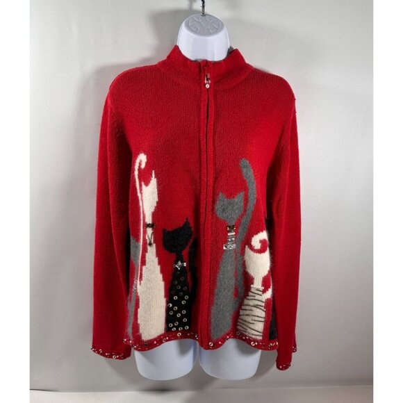 Coldwater Creek Sweaters - Coldwater Creek Red Bejeweled Cats Kitchy Zip Sweater Jacket Size L‎